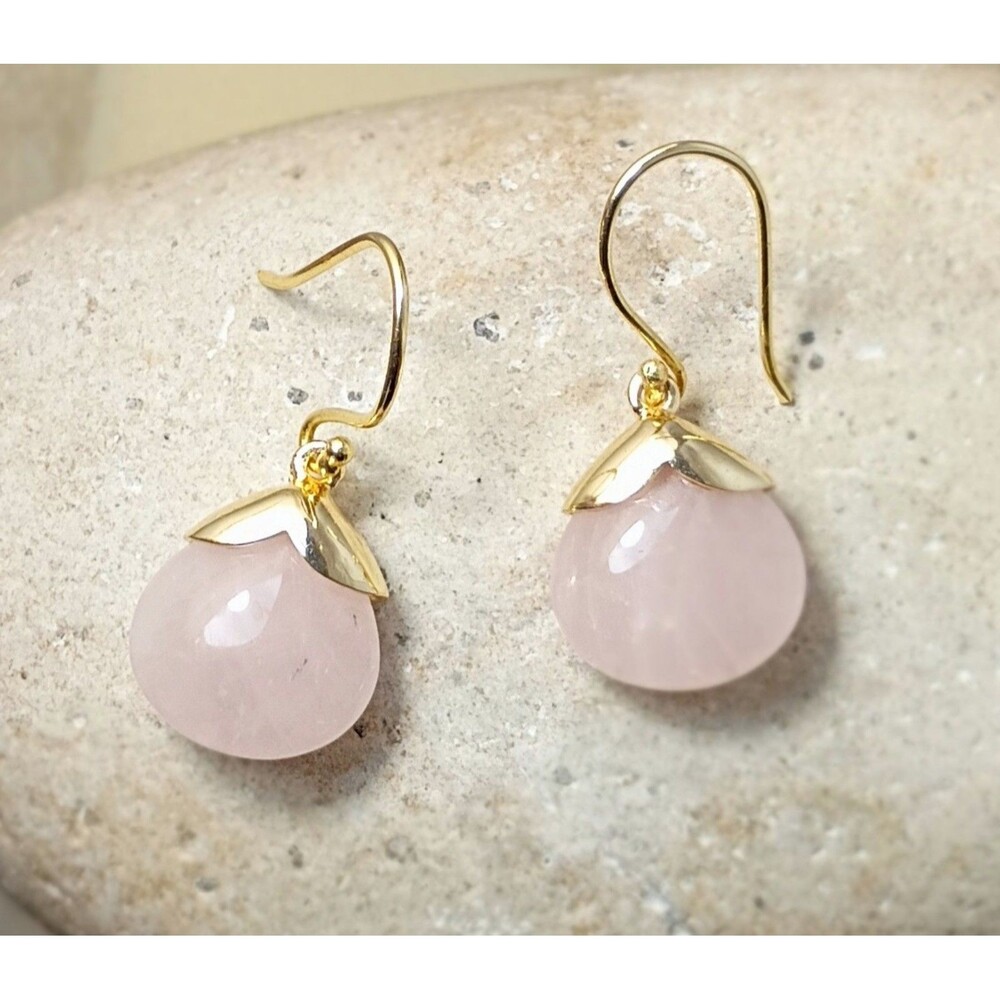 14k Gold Plated Rose Quartz Facet Stone Dangle Earrings